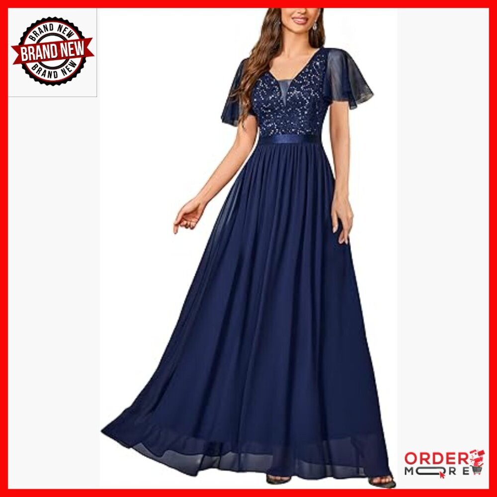 Sequin Lace Maxi Dress with Tulle Sleeves, Deep V-Neck, Formal Gown